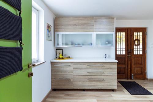 a kitchen with wooden cabinets and a green wall at Apartment Grič with Sauna in Stari Trg pri Ložu