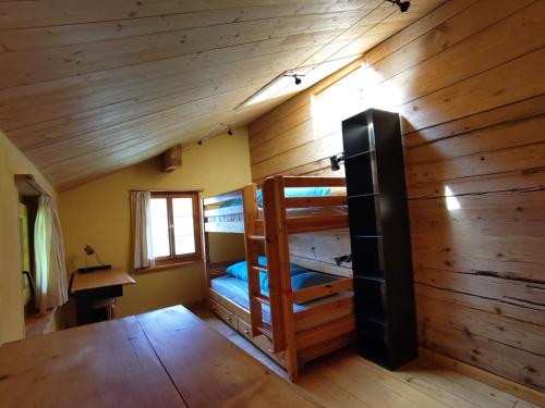 a room with two bunk beds in a cabin at Charmantes Strickhaus im Val Lumnezia in Vigens