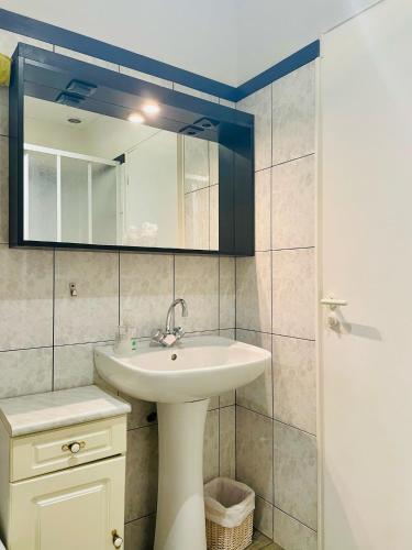 une salle de bain avec un lavabo et un miroir dans l'établissement Chambres d'hôtes Le Pessac, à Vielmur