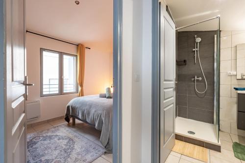 Un baño con cama y ducha en una habitación. en Evasion chic au cœur de Béziers, en Béziers