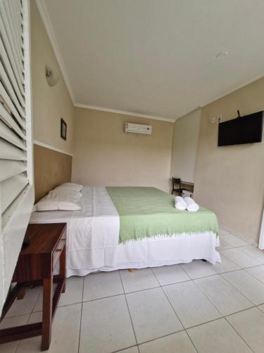 a bedroom with a bed and a desk and a television at Ecopousada Miriti in Belém