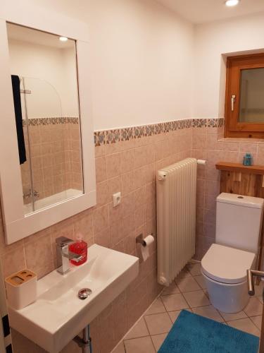 a bathroom with a white sink and a toilet at Ferienwohnung Schloßberg 1 in Peiting