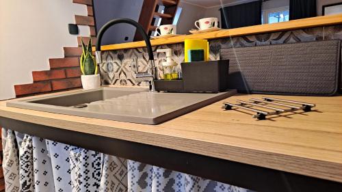 a kitchen counter with a sink on a counter at Bukowy Domek Całoroczny in Sieraków