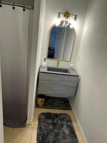a bathroom with a sink and a mirror at The Brickhouse in Gainesville