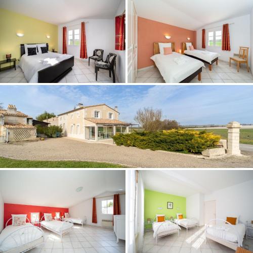 deux photos d'une chambre d'hôtel avec deux lits dans l'établissement Gîte Chelona Vinifera par Chelona'Loc, à Saint-Ciers-du-Taillon