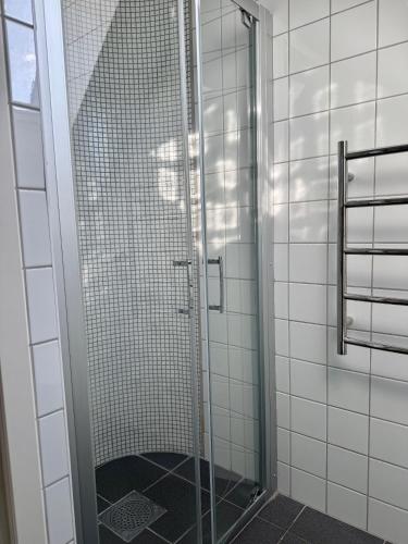 a shower with a glass door in a bathroom at Arnhög Farm in Borrby
