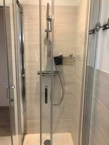 une douche avec une porte vitrée dans une salle de bain dans l'établissement Domaine de mandrin, à Madranges