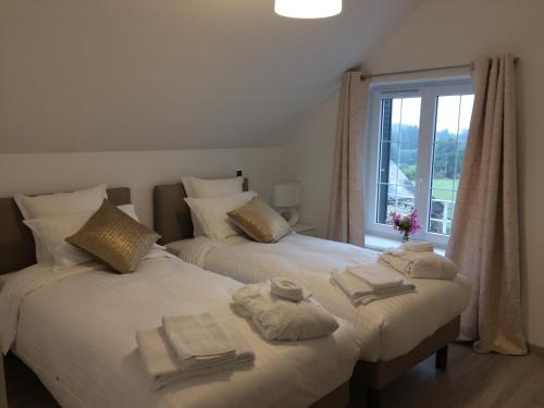 deux lits jumeaux dans une chambre avec fenêtre dans l'établissement Domaine de mandrin, à Madranges