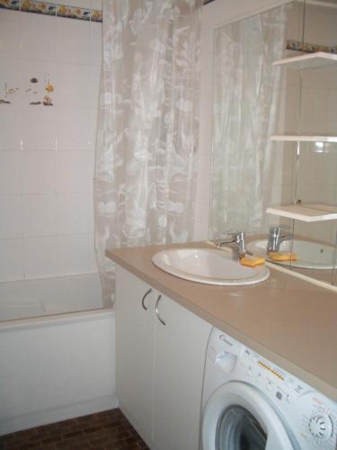 une salle de bain avec un lavabo et une machine à laver dans l'établissement Arcachon Plage Pereire, à Arcachon