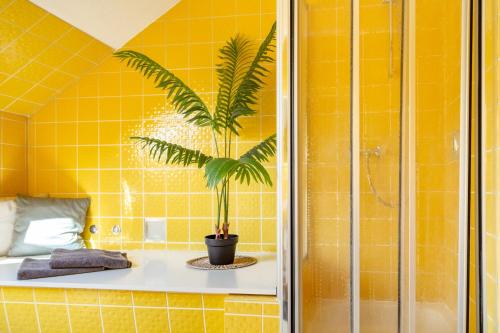 a plant on a shelf in a yellow tiled bathroom at APARTMENT an den Weinbergen in Iphofen