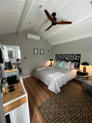 a bedroom with a bed and a ceiling fan at Almond Cottage in Riebeek-Kasteel