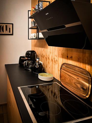 a kitchen with a stove and a microwave at Hacienda Flats - Wunderschöne Ferienwohnungen am Seewald in Friedrichshafen