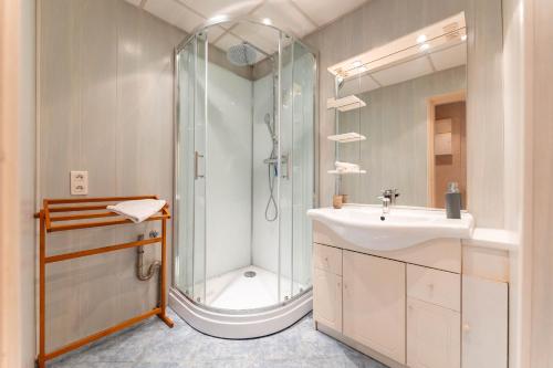 une salle de bain avec douche et lavabo dans l'établissement Chez Margaux - Parking, à Colmar