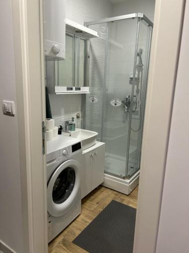 a bathroom with a washing machine and a shower at Apartman NS FREE PARKING in Novi Sad
