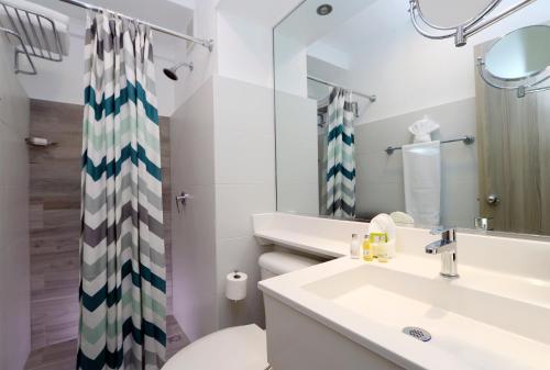聖胡安的住宿－康達杜維沃酒店，一间带水槽、卫生间和镜子的浴室