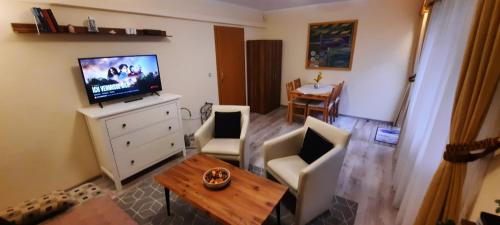 salon z telewizorem, stołem i krzesłami w obiekcie Pool Apartments w Karlowych Warach