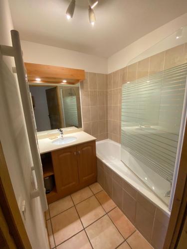 une salle de bain avec un lavabo, une baignoire et un miroir dans l'établissement les 7 laux immobilier chalet C, à Prapoutel