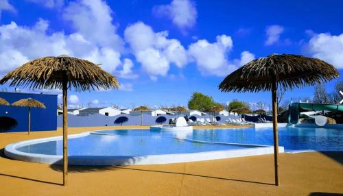 una piscina con 2 sombrillas de paja en un complejo en Camping - Piscine - ccb0cfa, en Angles