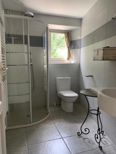 une salle de bain avec une douche, des toilettes et un lavabo dans l'établissement Gîte atypique Nature La Cabane, à Vieille-Brioude