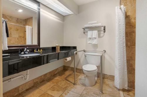 a bathroom with a toilet and a sink and a mirror at Best Western Plus InnTowner Madison in Madison