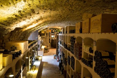 a wine cellar with bottles of wine on shelves at Hôtel du Domaine de La Grange de Condé in Condé-Northen