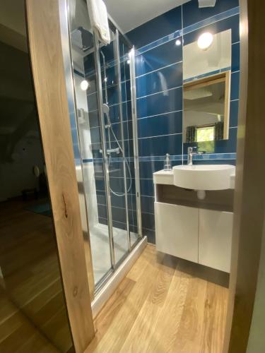 une salle de bain avec une douche en verre et un lavabo dans l'établissement LE CLOS PASTEL Chambres d'hôtes & Gite, à Virac