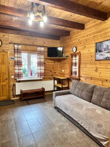 a living room with a couch and a television at Kipreya in Yaremche