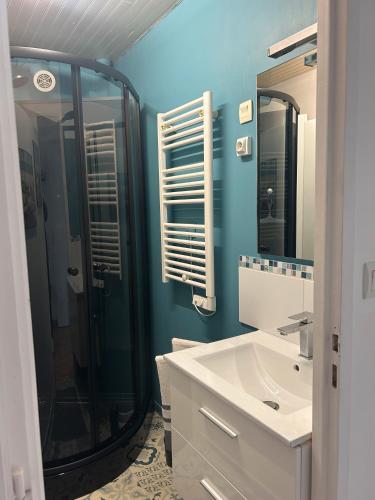 La salle de bains est pourvue d'une douche et d'un lavabo blanc. dans l'établissement Ker Valou, à Sainte-Anne-d'Auray