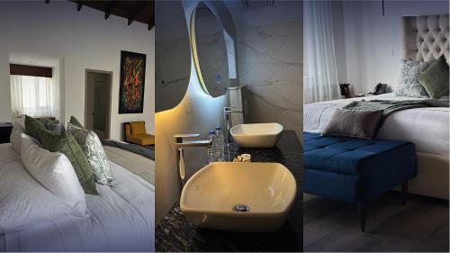 two pictures of a bedroom with a sink and a bed at Hotel Boutique Mitad Del Mundo in Quito