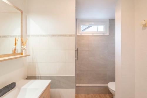 une salle de bain avec douche, toilettes et fenêtre dans l'établissement Duplex hyper center dijon, à Dijon