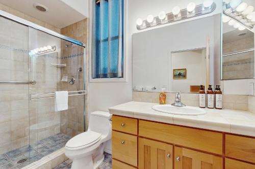 une salle de bain avec toilettes, douche et lavabo dans l'établissement Del Mar Meadow, à Sea Ranch