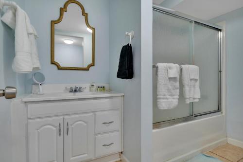 a bathroom with a shower and a sink and a mirror at 1 BR Suite w Fenced Backyard - Parking! in Tucker