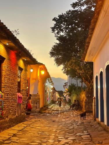 an alley with people and a dog walking down a street at Casa Paraty in Paraty