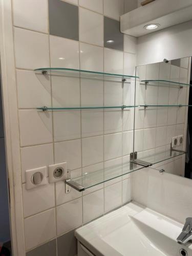 La salle de bains est pourvue d'étagères en verre au-dessus d'un lavabo. dans l'établissement Appartement rez de jardin, au Pontet