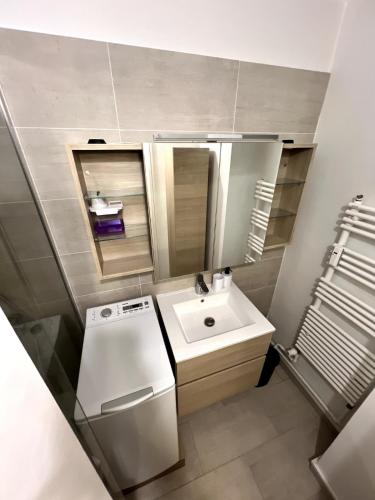 La petite salle de bains est pourvue d'un lavabo et d'un lave-linge. dans l'établissement Le sourire Saint-cyrien, à Saint-Cyr-lʼÉcole