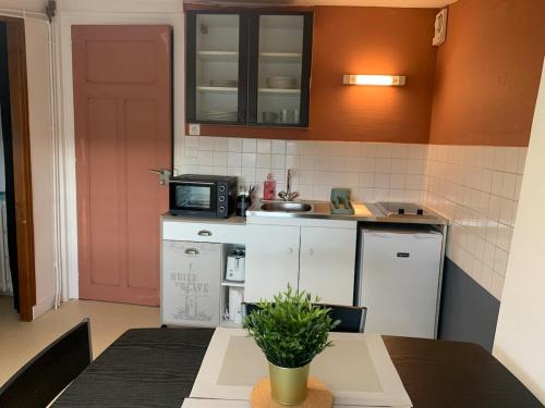 une petite cuisine avec une table et une porte rose dans l'établissement Appartement charmant face au haras, à Saint Lo