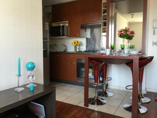 a kitchen with a counter with flowers on it at Azzaí Bellas Artes in Santiago