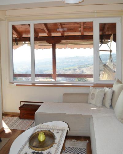 a living room with a couch and a large window at Romantic mountain cabin 10km to Skopje downtown in Skopje