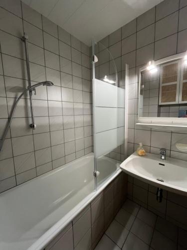 a bathroom with a tub and a sink and a shower at Apartment Elisabeth in Obertraun