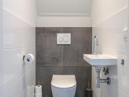 a small bathroom with a toilet and a sink at Villa in Friesland with Jetty and Fenced Garden in Idskenhuizen