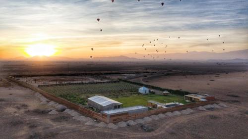 a group of kites flying in the sky at sunset at Getaway between nature and adventure in Marrakech