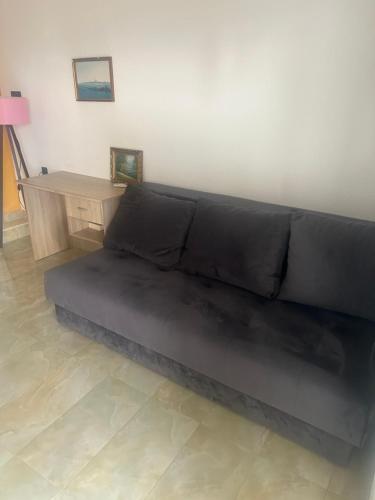 a black couch in a living room with a desk at Resort Stikovic in Dobra Voda