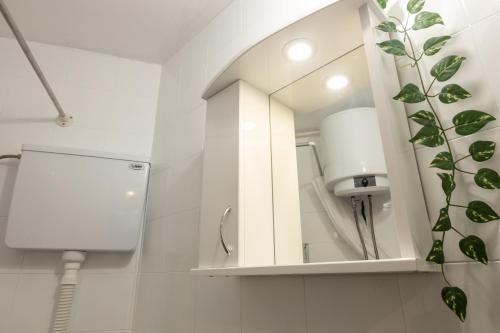 a white bathroom with a mirror and a sink at Tiny apartment in Belgrade
