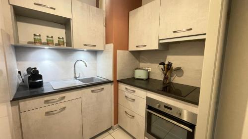 une petite cuisine avec des armoires blanches et un évier dans l'établissement Confort & Balcon,Cœur de Biscarrosse !, à Biscarrosse