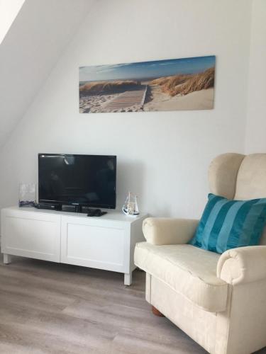a living room with a tv and a couch at FeWo Wiesenweg in Fehmarn