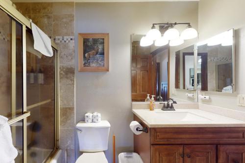 a bathroom with a toilet and a sink and a shower at Woodlands 34 in Mammoth Lakes
