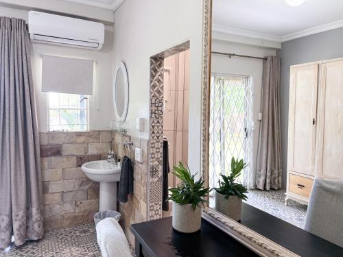 a bathroom with a sink and a mirror at Cathedral Peak Wine Estate Manor in Winterton