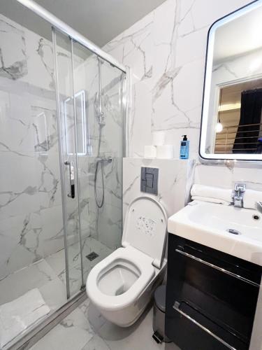 une salle de bain avec une douche, des toilettes et un lavabo dans l'établissement 09 - Stylish Duplex Champs-Elysees, à Paris