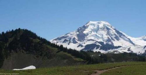 a snow covered mountain in the middle of a field at Glacier Springs Cabin 12 - Wi-Fi - A-C - Evc in Glacier