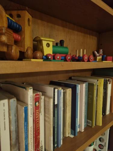 a book shelf with books and toys on it at Casa Ta-Pù a Passolanciano in Pretoro